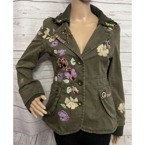 Rebbeca Thomson Embroidered Floral Jacket Medium Olive Green Unique Boho Casual - Picture 1 of 11
